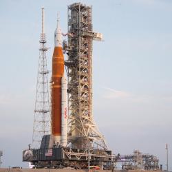 Artemis 1 sits on the launch pad at Kennedy Space Center.